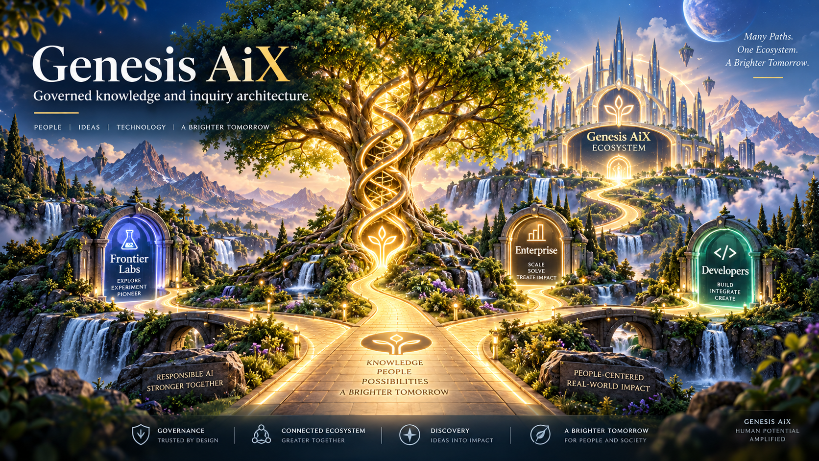 Genesis AiX: a glowing tree at the center of a landscape, with three stone archways -- Frontier Labs, Enterprise, and Developers -- and a golden path winding toward a distant citadel representing the Ecosystem.